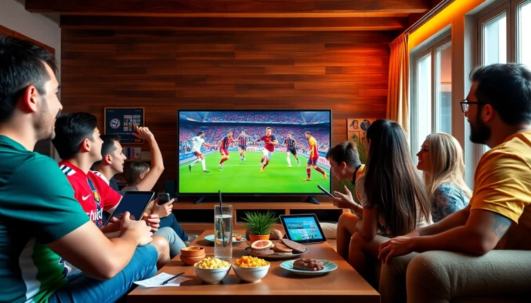 Exciting football fans enjoying a live match on vaoluoitv.it.com, showcasing vibrant energy and community.