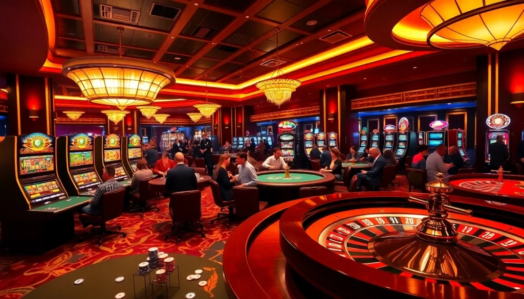 Experience excitement at the luxurious 98win3h.blog casino gaming floor featuring vibrant tables and players.