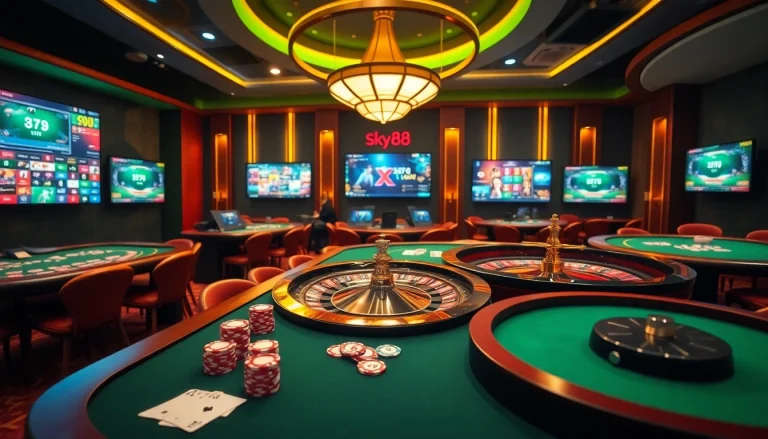 Engaging scene of players at a casino table during sky88 đăng nhập session with poker chips and cards.