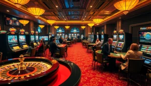 Experience the excitement of gambling with Magrehistro in a luxurious casino setting filled with tables and slot machines.