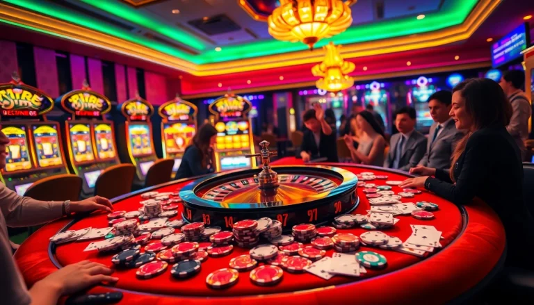 Engaging players at a PS99-themed casino table with vibrant poker chips.