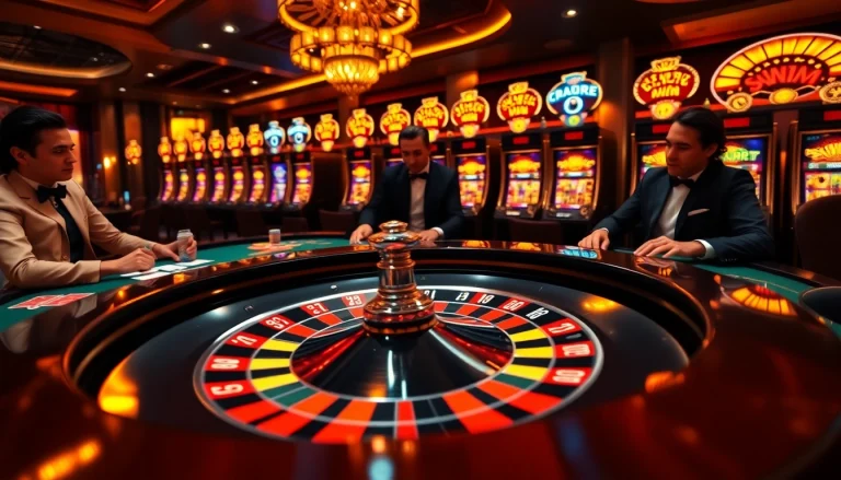 Exciting casino scene with Sun Win elements, showcasing poker chips and roulette table in play.