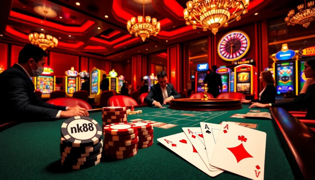 Engaging casino atmosphere showcasing nk88 poker chips and players in action at a poker table.