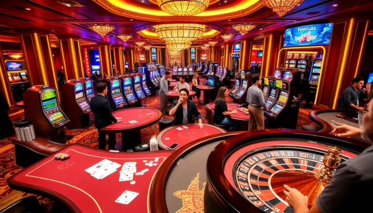 Exciting gaming action at 789CLUB casino with poker chips, tables, and players.