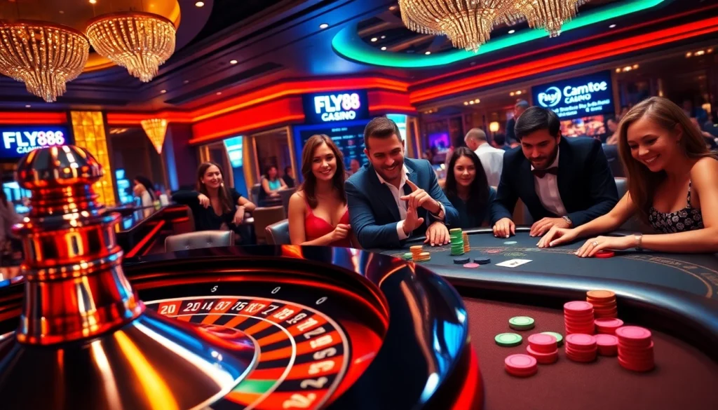 FLY88 players engage intensely at a poker table in a vibrant casino atmosphere.