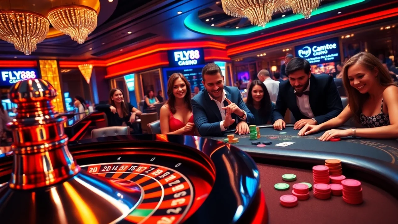 FLY88 players engage intensely at a poker table in a vibrant casino atmosphere.