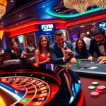 FLY88 players engage intensely at a poker table in a vibrant casino atmosphere.