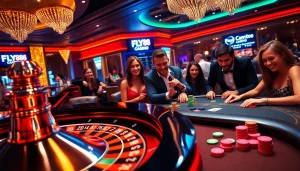 FLY88 players engage intensely at a poker table in a vibrant casino atmosphere.