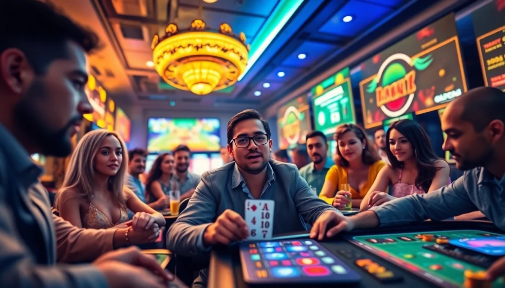 Exciting gambling atmosphere showcasing stimmgewitter.org with diverse players enjoying poker, slots, and sports betting.