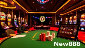 Engaged gamers at a New888 poker table showcase excitement and strategy in a luxurious casino.