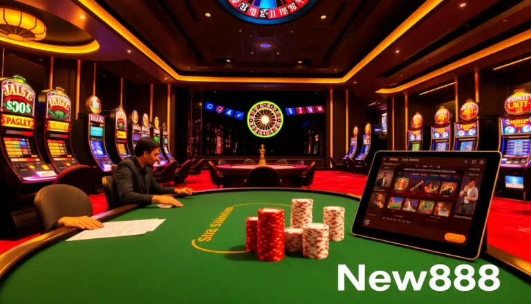 Engaged gamers at a New888 poker table showcase excitement and strategy in a luxurious casino.