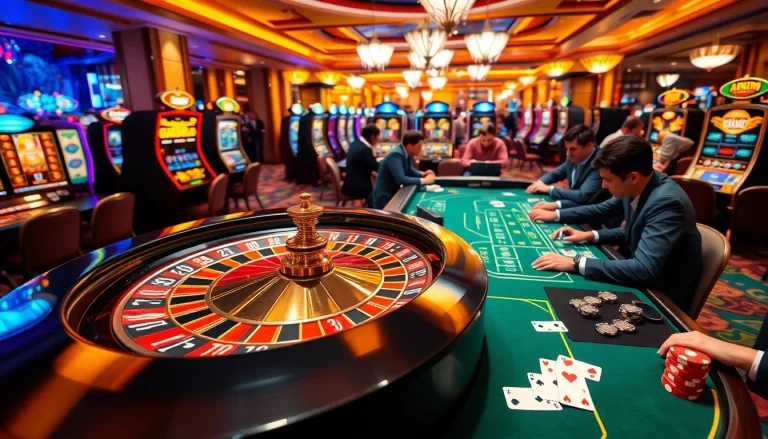 Players enjoying a lively gaming atmosphere at xin88.com.co casino with roulette and blackjack tables.