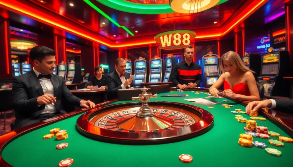 Experience the excitement of casino gaming with ww88 com's roulette wheel and vibrant atmosphere.
