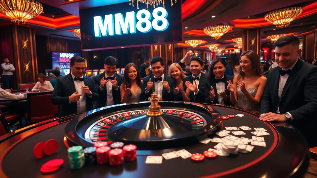 High-stakes gaming at MM88 casino with roulette wheel and poker chips.
