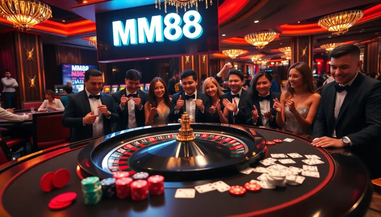 High-stakes gaming at MM88 casino with roulette wheel and poker chips.