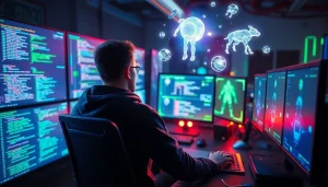 Innovative coder developing game AI with advanced technology in a high-tech studio.