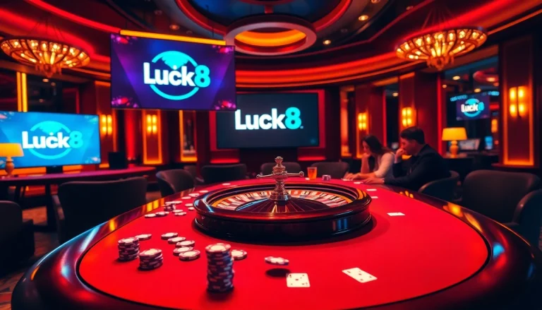 Experience the excitement of Luck8 with an engaging casino scene featuring poker and roulette.