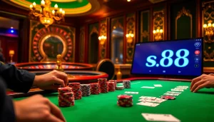 Exciting casino scene featuring poker chips and cards, highlighting s88 for immersive gambling experience.