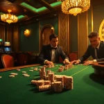 Players strategize and bet at an RR88 high-stakes poker table in a vibrant casino setting.