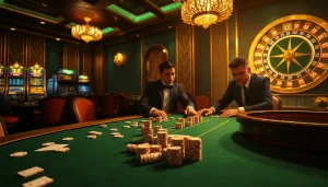 Players strategize and bet at an RR88 high-stakes poker table in a vibrant casino setting.