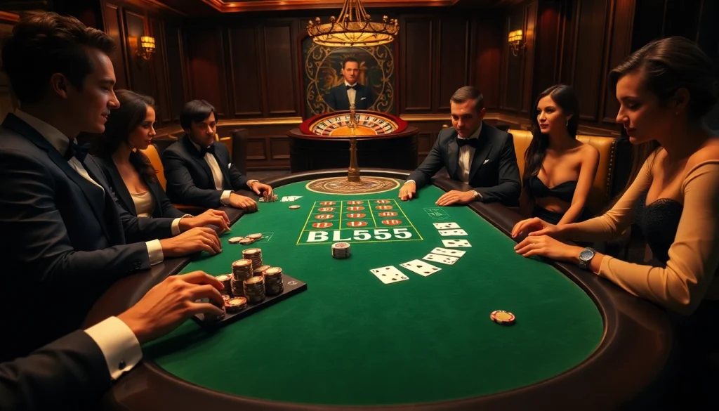 Engaging players at a luxurious BL555 casino poker table with gold chips and cards.