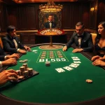 Engaging players at a luxurious BL555 casino poker table with gold chips and cards.