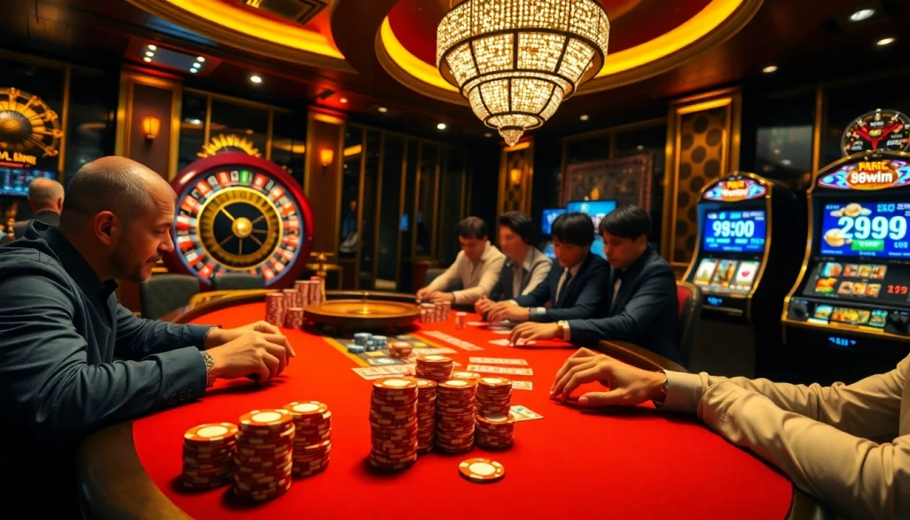 Experience thrilling gameplay at 98win’s vibrant casino scene, showcasing poker and roulette.