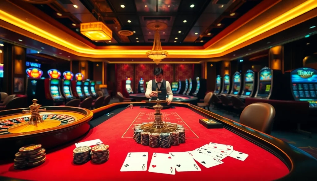 Exciting casino gaming atmosphere at go88.family showcasing roulette and poker action.