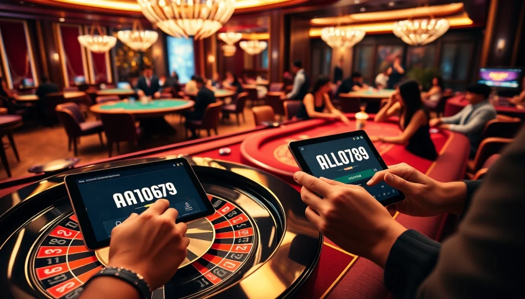 A dynamic casino scene with players engaging in games on ALO 789, showcasing excitement and luxury.