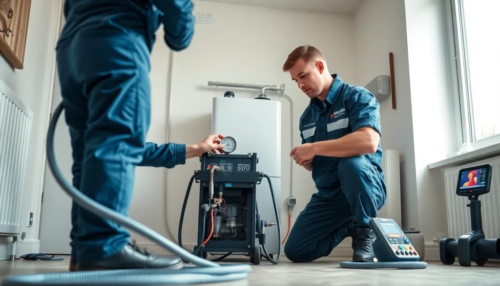 Power flush technician performing leak detection in a modern home.
