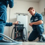 Power flush technician performing leak detection in a modern home.
