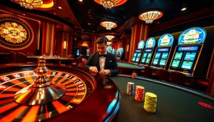 Exciting gaming experience at a casino with vaobet branding and vibrant roulette and poker visuals.