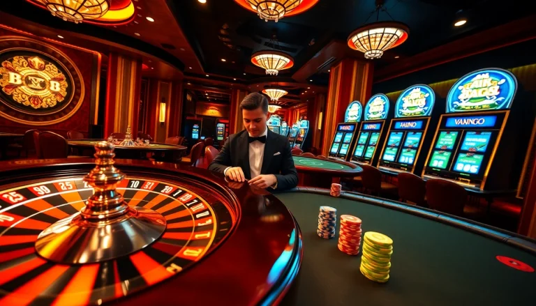 Exciting gaming experience at a casino with vaobet branding and vibrant roulette and poker visuals.