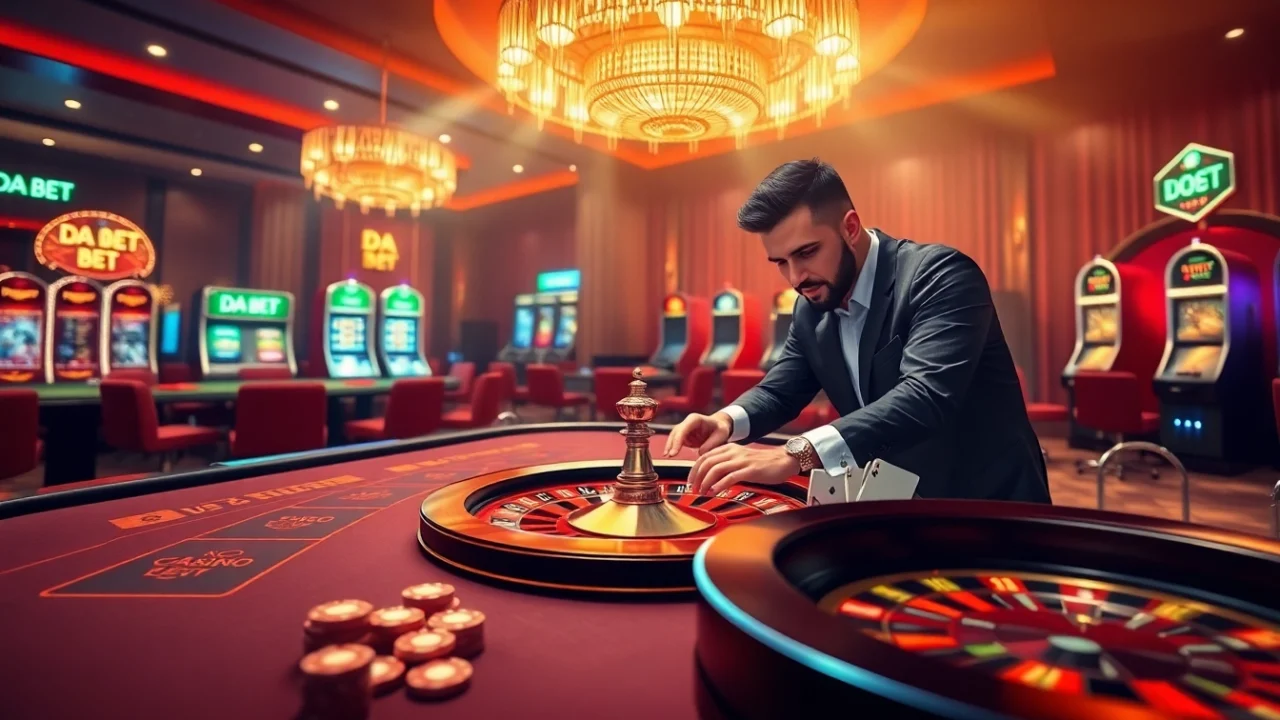 Experience the excitement of DA BET with luxurious casino visuals showcasing intense gambling action.