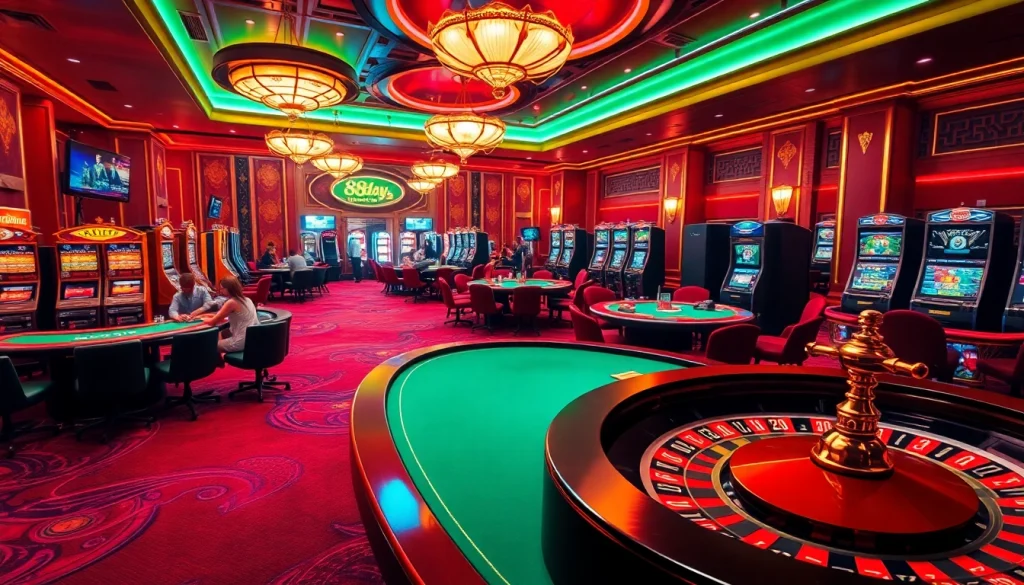 Players enjoy poker and slots at 8day casino, showcasing excitement and vibrant atmosphere.