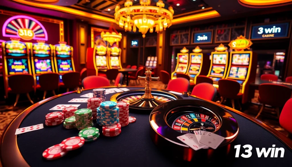 Experience the thrill of gambling with 13win's vibrant casino scene featuring roulette, poker chips, and lively slot machines.