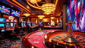 Sao789 online gambling scene featuring vibrant slot machines and sophisticated casino tables.