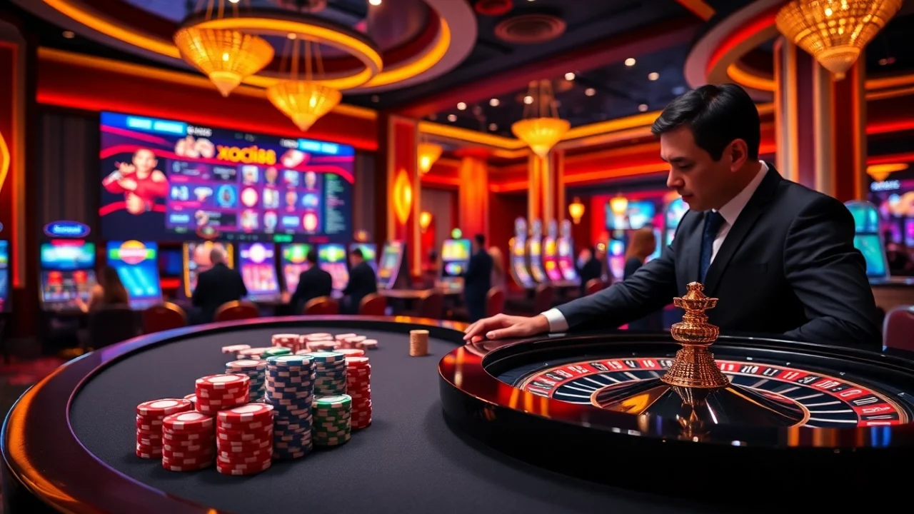 Xocdia88 vibrant casino scene capturing excitement with poker chips, roulette wheel, and players at tables.