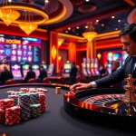 Xocdia88 vibrant casino scene capturing excitement with poker chips, roulette wheel, and players at tables.