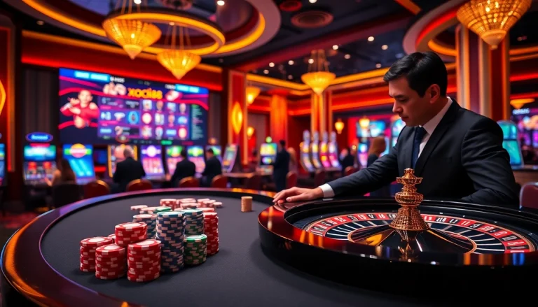 Xocdia88 vibrant casino scene capturing excitement with poker chips, roulette wheel, and players at tables.