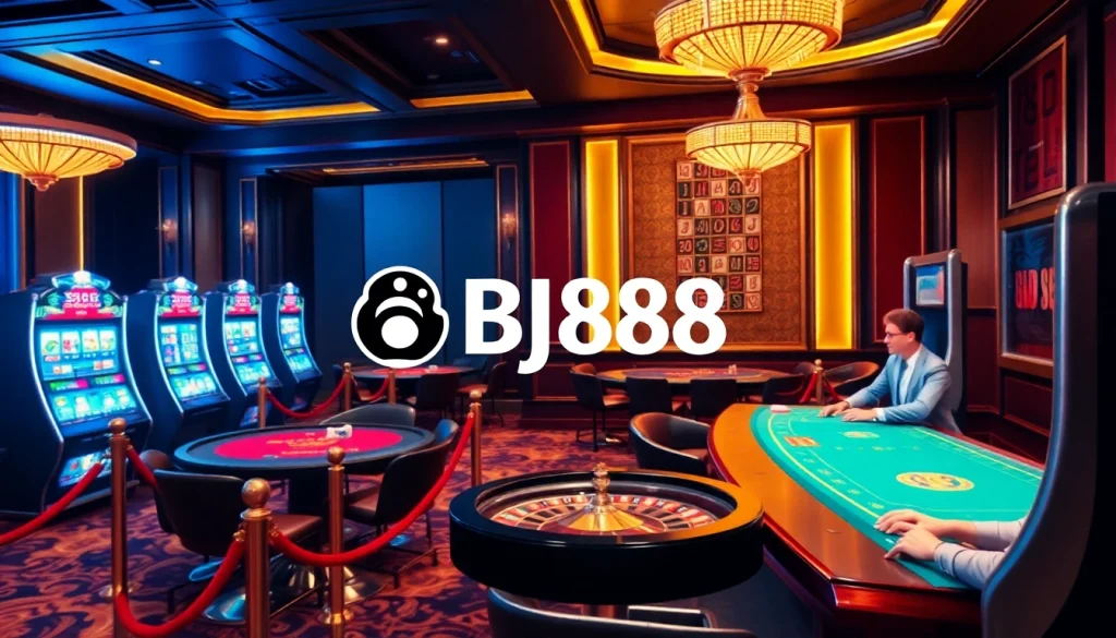 Experience a thrilling online casino atmosphere with BJ88, featuring vibrant game tables and engaging players.