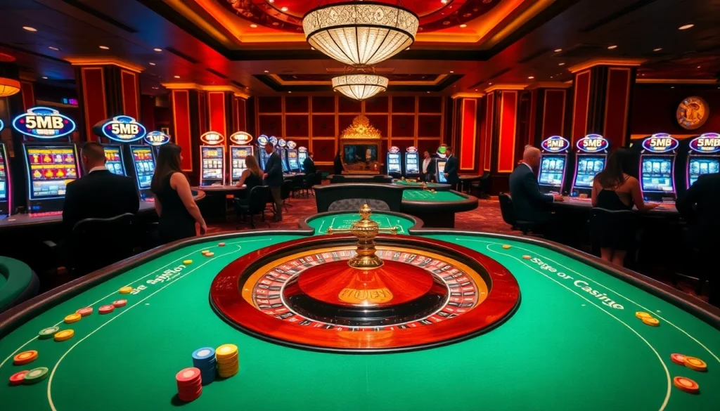 Experience thrilling gameplay at a vibrant casino featuring a roulette wheel and poker tables, showcasing a potential 5MB jackpot.