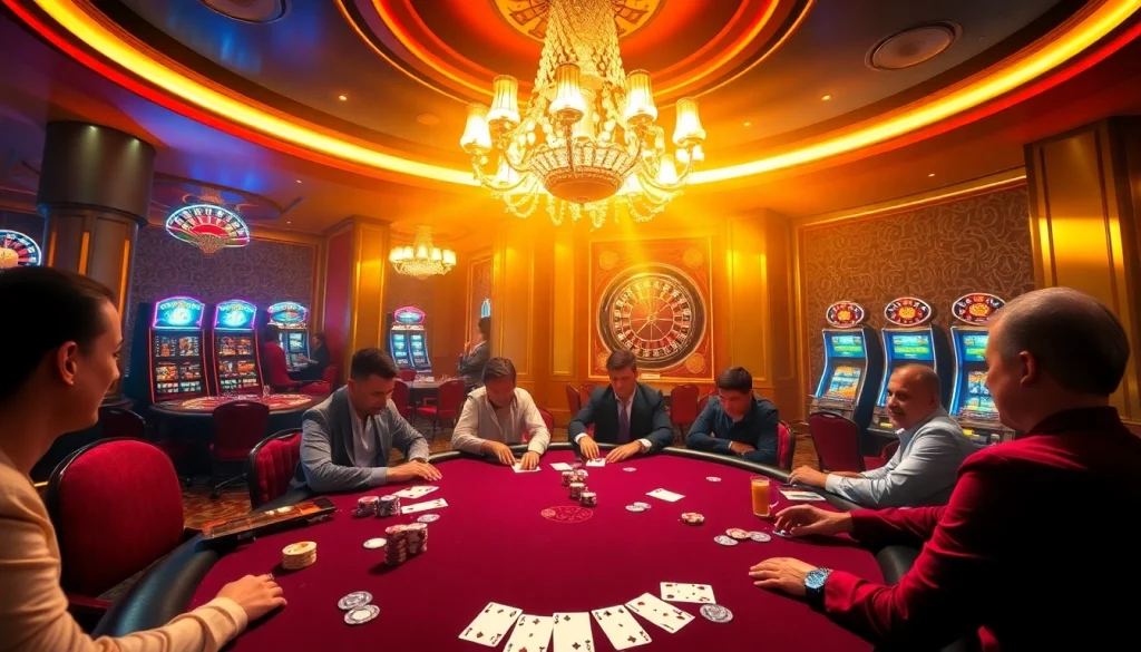 Players engaging in a thrilling poker game at the vvvwin casino, surrounded by vibrant lights and luxurious décor.