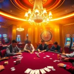 Players engaging in a thrilling poker game at the vvvwin casino, surrounded by vibrant lights and luxurious décor.