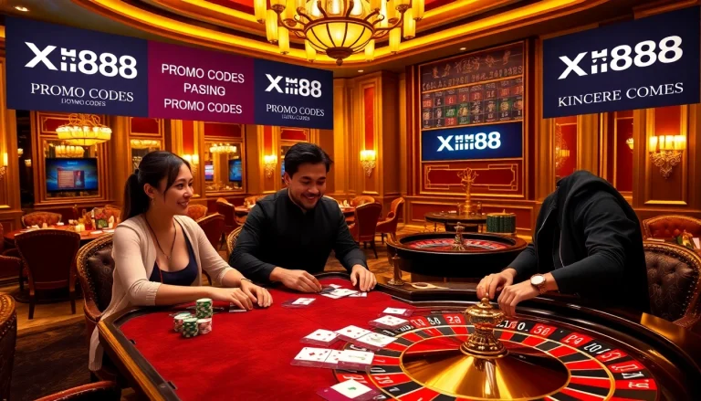 Exciting casino atmosphere with Xin88 branding, featuring poker chips and roulette wheel.