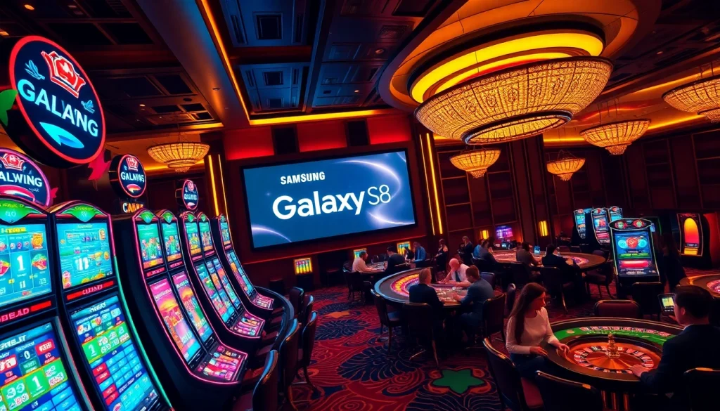 S8 promotion at an elegant casino with vibrant slot machines and roulette tables.