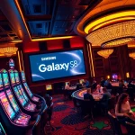 S8 promotion at an elegant casino with vibrant slot machines and roulette tables.