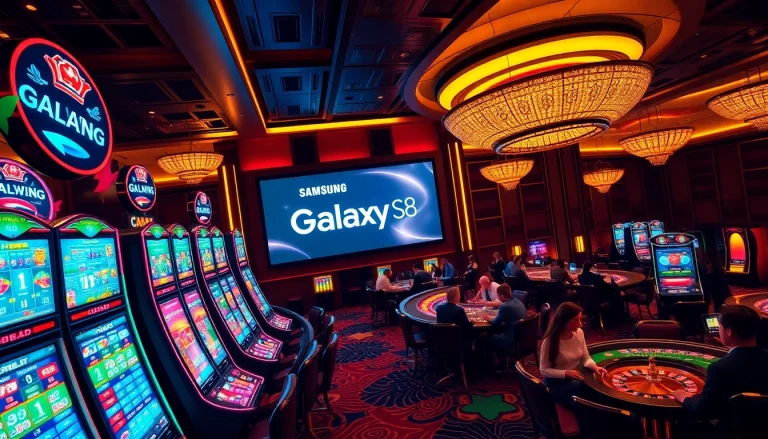 S8 promotion at an elegant casino with vibrant slot machines and roulette tables.