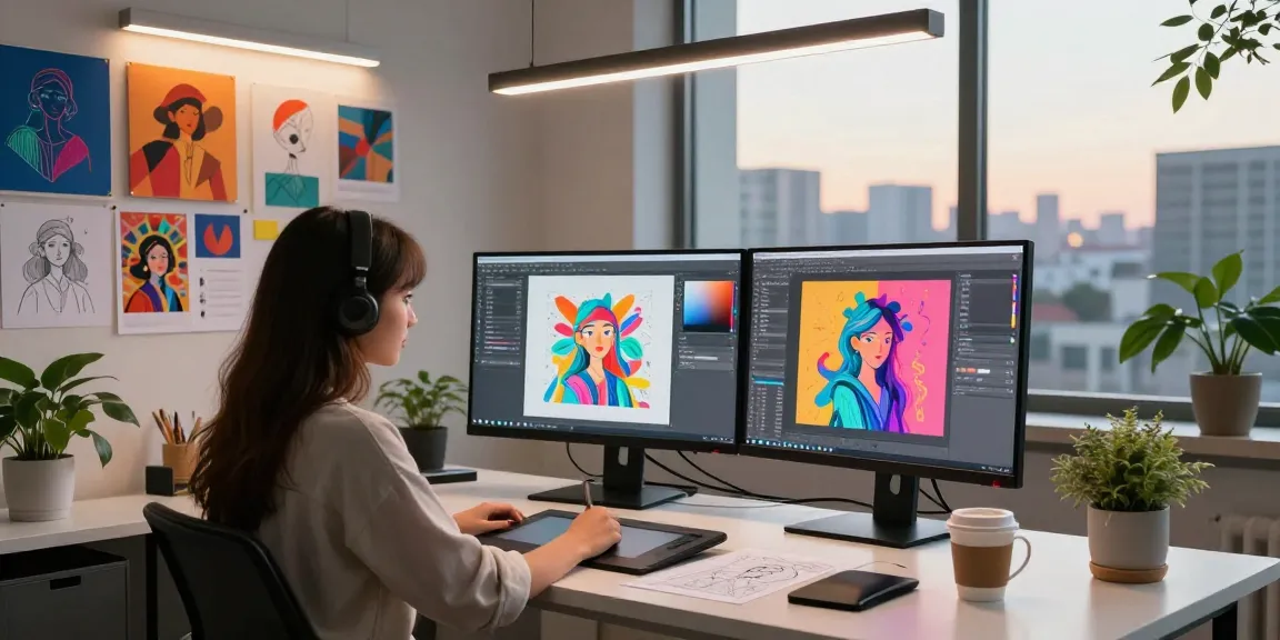 Designer using an image to prompt generator in a vibrant creative workspace.