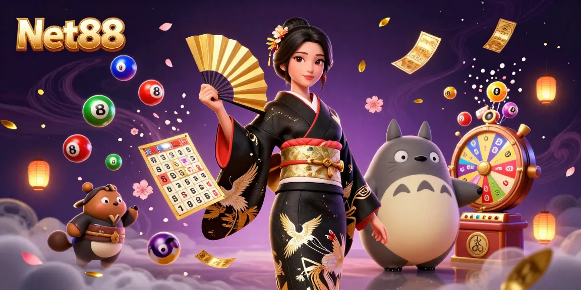 Engage with Net88's vibrant gambling scene featuring a 3D-rendered casino atmosphere filled with lottery elements.